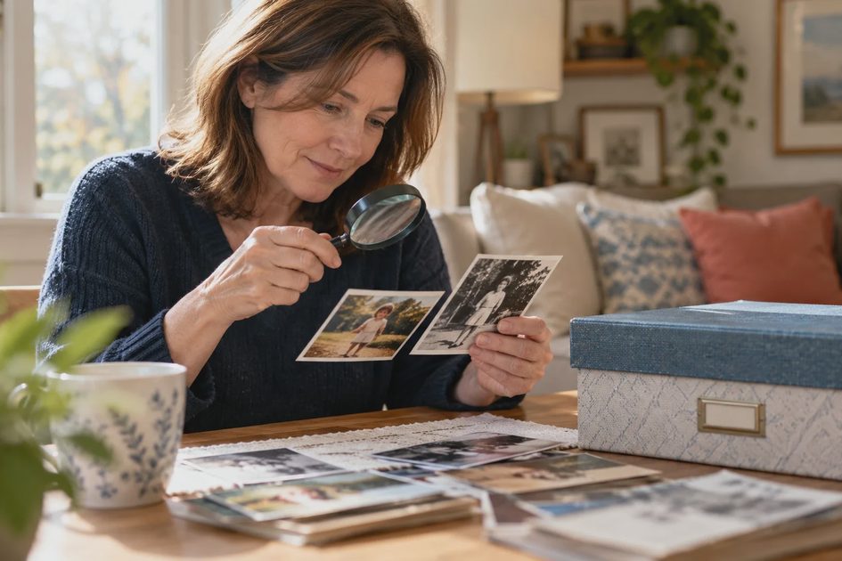 An adult inspects a print with a magnifier beside other photographs.