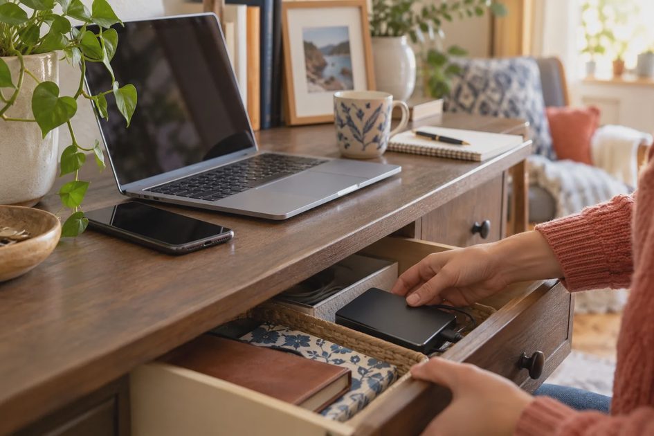 Cloud Sync Is Not the Same as a Backup — Closer Look A portable drive rests in an open drawer below a laptop.