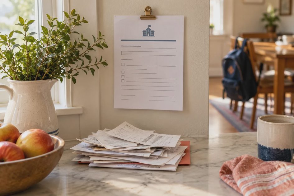 A school form is displayed above a small stack of household paperwork.