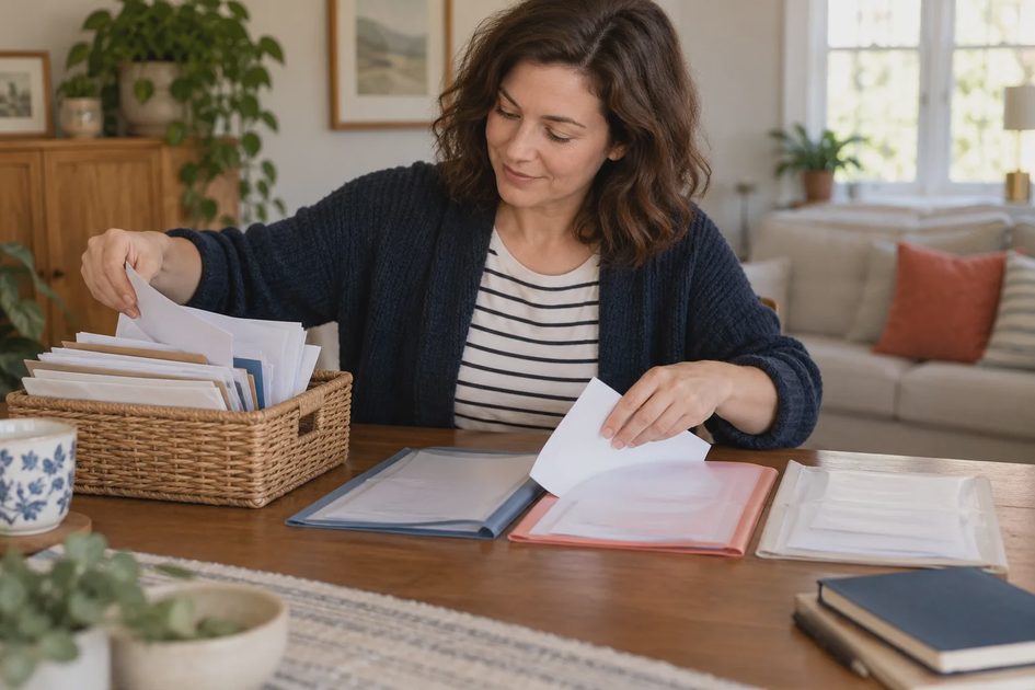 An adult groups papers into folders at a kitchen table.