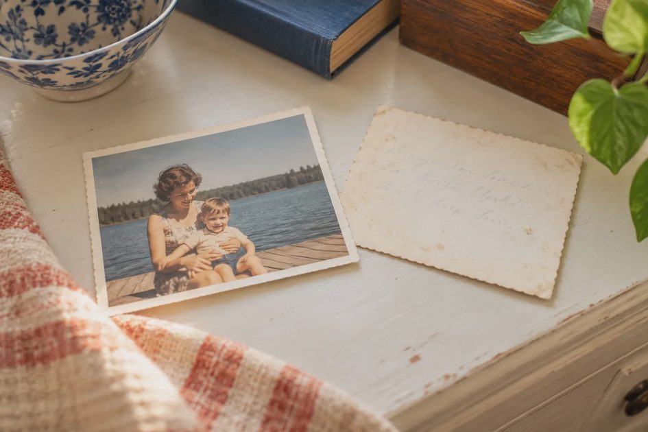 A photograph and its reverse side lie together on a table.