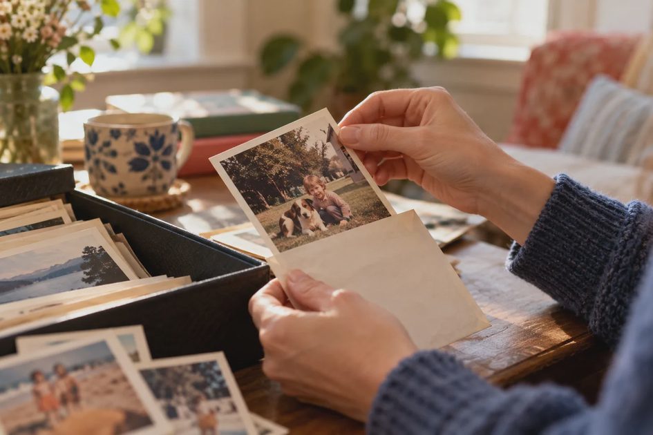 Hands hold a faded print by its edges above a photo box.