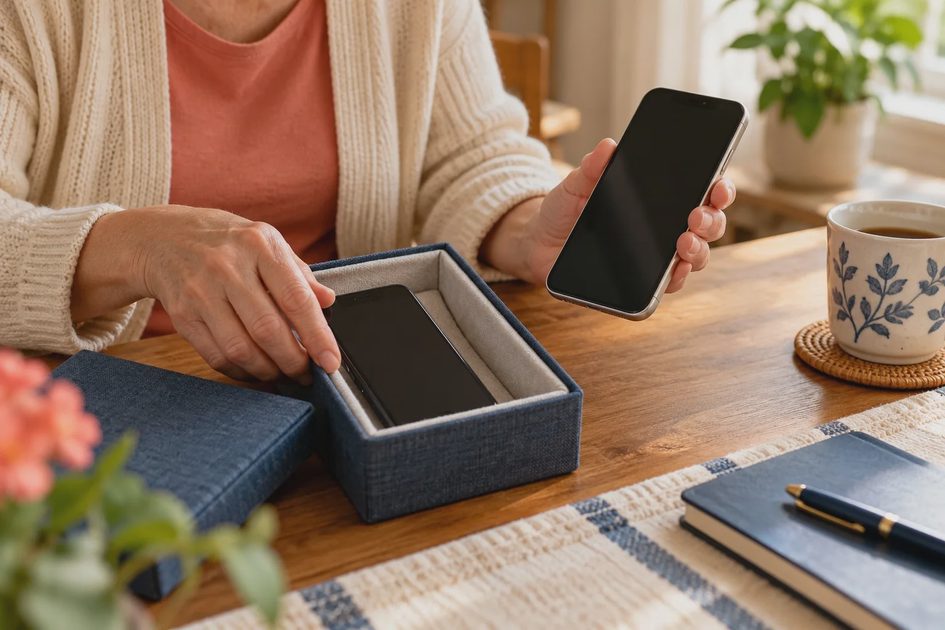 What to Do With Your Photos When You Replace Your Phone — Closer Look A hand places a phone in a padded box beside another phone.