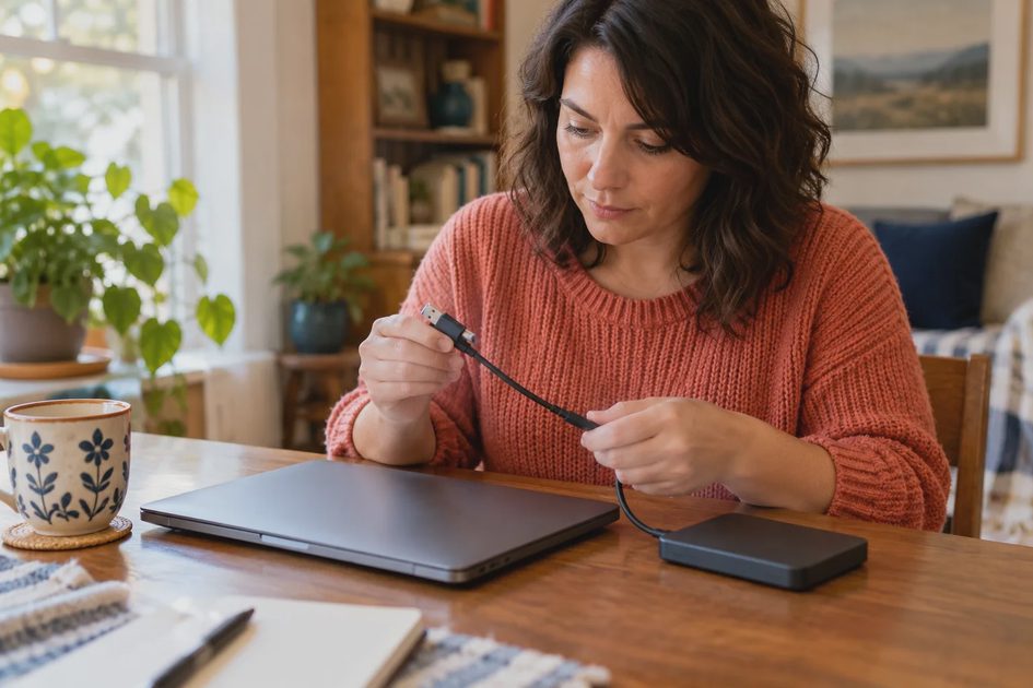 Cloud Sync Is Not the Same as a Backup — Practical Outcome An adult examines a drive cable beside a laptop.